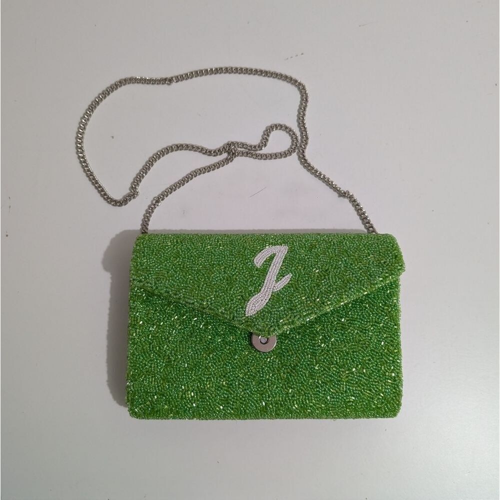 Island To The East Side "J" Initial Green Glitter Clutch With Chain